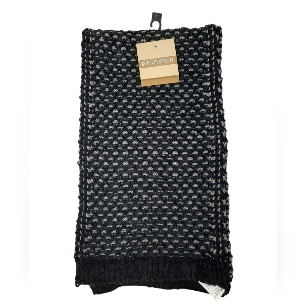NWT Isotoner Black and Gray Waffle Knit Scarf‎ One Size Unisex